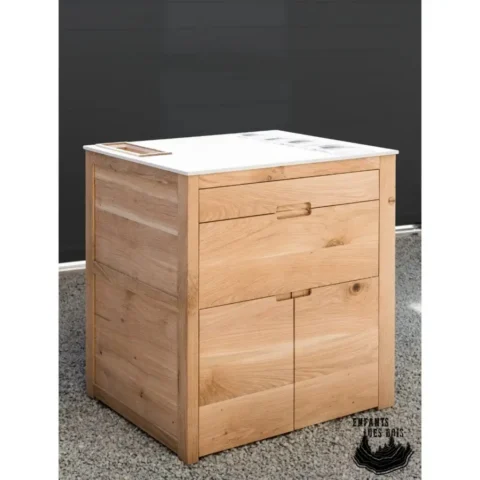 Ilot central d'un restaurant snack plan de travail en corian, structure et porte en chêne.